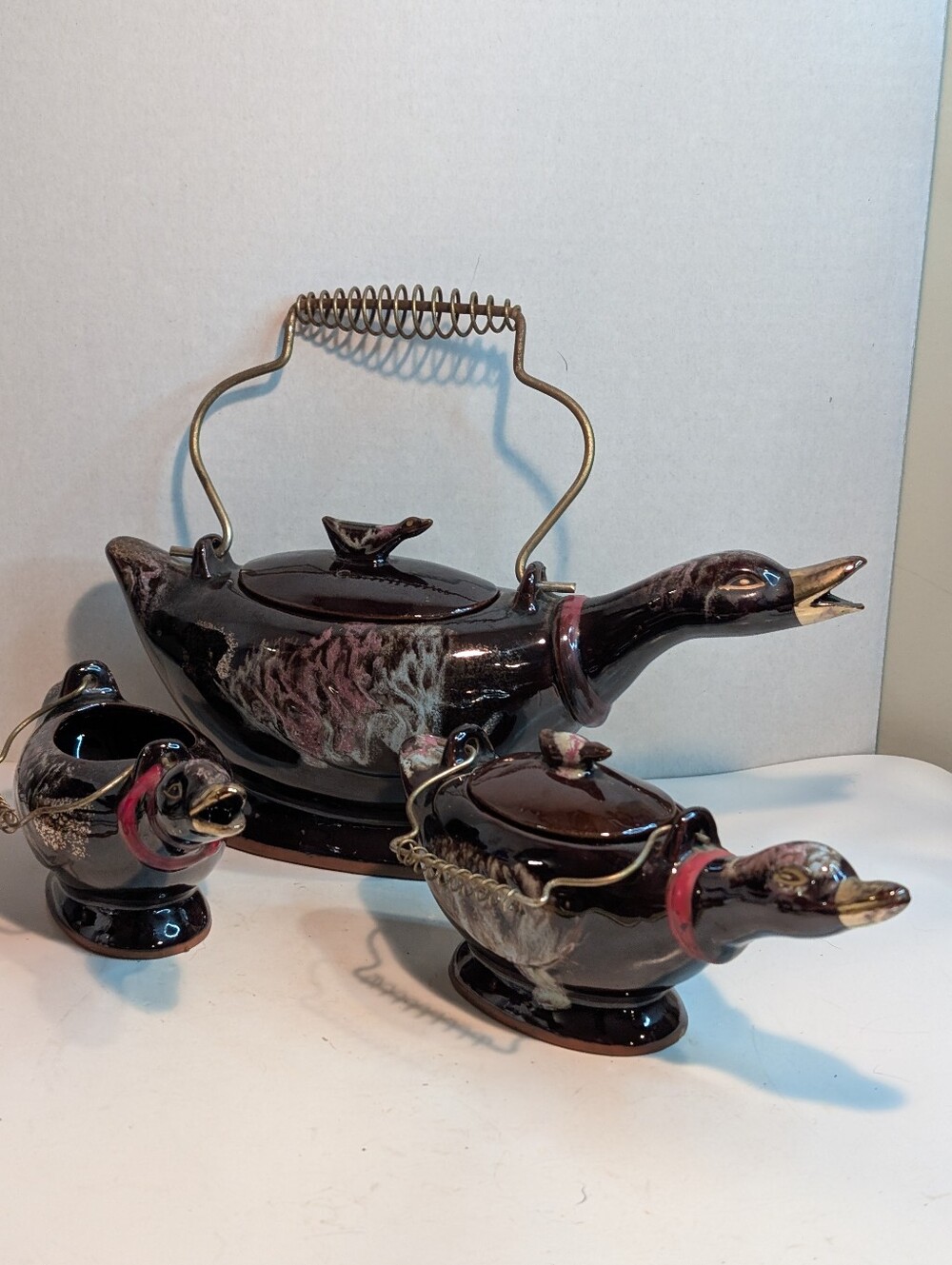 5 piece Redware Japan Goose 5" TALL TEAPOT Creamer Sugar wire handles EUC